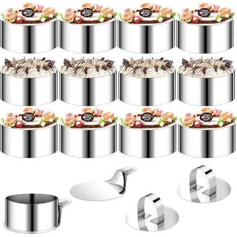 Set de 12 Cercles à Desserts avec 2 couvercles et 2 socles, Cercle de Service en Acier Inoxydable, diamètre 8 cm pour Mousse Ronde, adapté aux moules à Biscuits, Beignets et gâteaux (1/5)