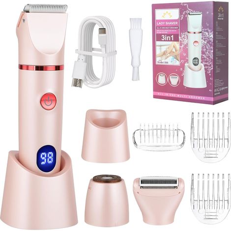 Rasoio elettrico da donna, rifinitore intimo 3 in 1, rasoio elettrico con stazione di ricarica USB, schermo LCD, rifinitore per la zona bikini di viso, gambe, ascelle e zona pubica.