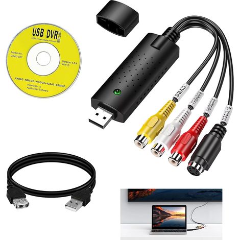 Convertisseur VHS vers Numérique USB, Carte Capture Vidéo Hi8 RCA S-Vidéo vers DVD, Adaptateur Audio Vidéo Analogique pour PC, Numérisation de Cassettes VHS, Lecteurs DVD, Compatible Windows 11/10/8/7 (1/5)