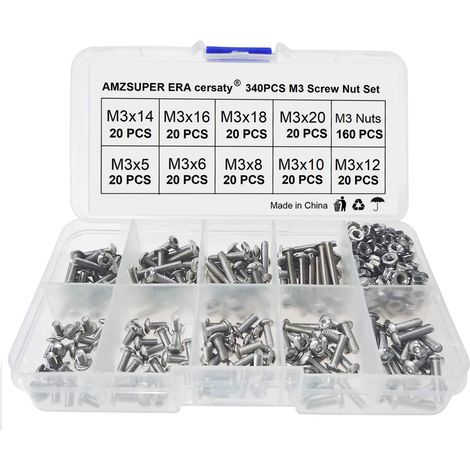 340Pcs inox M3 hexagonale boulons vis écrou Assortiment Kit 5mm 6mm 8mm 10mm 12mm 14mm 16mm 18mm 20mm,Avec boîte de tri (1/5)