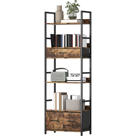 6-stöckiges Bücherregal, 3 Stoffschubladen, 60 x 30 x 176 cm, rustikales Braun