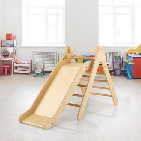 Toboggan Enfant 2 en 1 Triangle Escalade Bois Massif Pente Réglable 1 An Charge 60 KG Naturel CW63377 (1/2)
