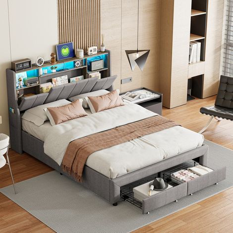 160 x 200 cm lit avec sommier et tiroirs, 2 personnes avec LED et ports USB, rangement caché en tête de lit, cadre de lit 160x200 avec sommier, lin, gris (1/5)