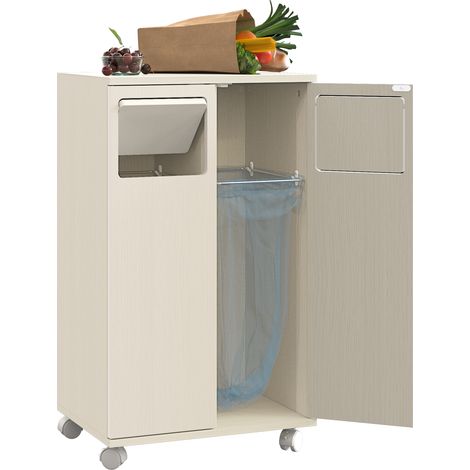 GagaMeuble poubelle double, armoire de cuisine sur roulettes aspect bois clair, meuble de tri sélectif 2 portes avec roulettes blanches, 46,7x35x80 cm (1/5)