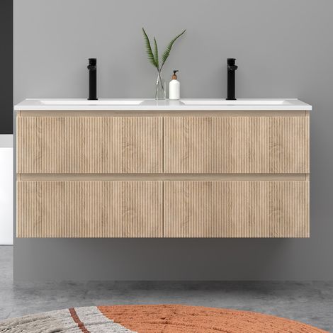 Meuble de salle de bain suspendu Strié 120cm avec double vasque + 4 tiroirs, Chêne