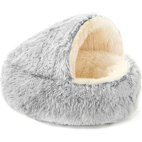 Runder Hundeschlafsack für den Winter, warm und weich, langplüschig, beruhigend, grau (1/5)