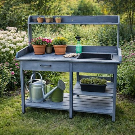 Table de rempotage en bois avec bac plastique - 114x46x120cm (1/5)
