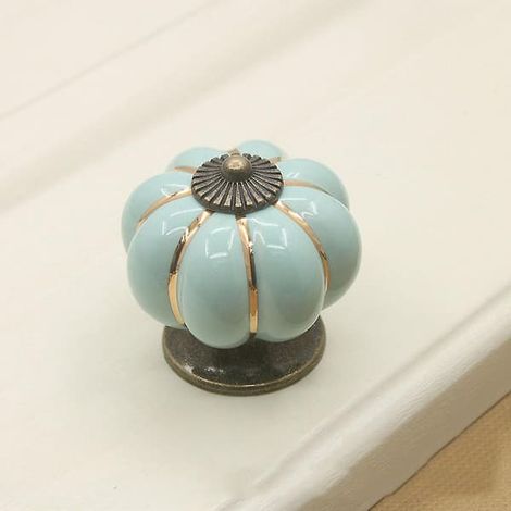 Lot de 4 boutons en céramique style vintage, en forme de citrouille, pour tiroirs, portes et placards. Décoration rose et bleue. (1/2)