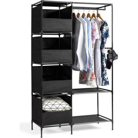 Armoire suspendue à 4 niveaux et double rangée avec rideaux et compartiments de rangement – \u200b\u200bPlacard en tissu non tissé (10545170cm, Noir) (1/5)