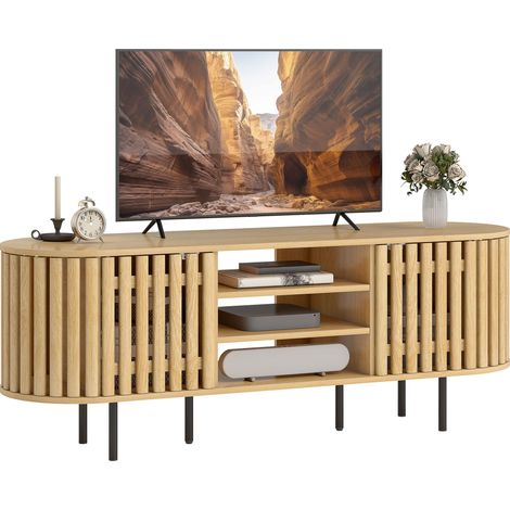 Mobile porta TV, mobile per TV da 60 pollici, 2 ante a persiana, 140x40x52 cm, legno naturale
