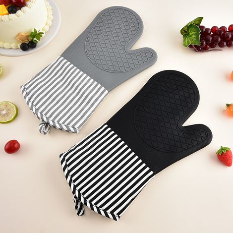 Ensemble de moufles de four en silicone rayé (2 pièces) - Résistant à la chaleur 260 °C, antidérapant et imperméable Pour la cuisine, la cuisson et le barbecue (1/5)