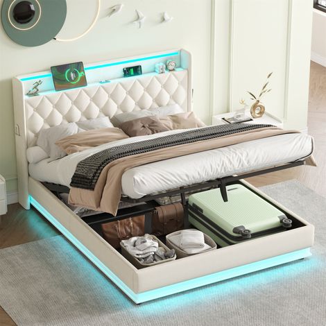 4ft6 Double Upholstered Bed Frame with Hydraulic Storage, Linen Ottoman Bed with LED Lighting and Charging Station, LED Button Tufted Headboard with USB and Type - C Ports, Beige