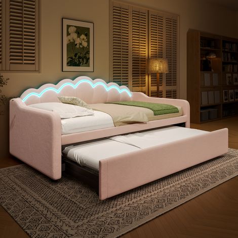 Sofá cama infantil 90x200 cm, LED, cama doble, cabecero ondulado, sin colchón, terciopelo, rosa (1/5)