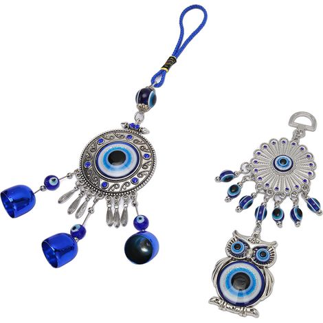 Voici la traduction en anglais : 2 ornements hibou aux yeux bleus – Porte-bonheur, attire la richesse, décoration tendance à suspendre au rétroviseur de voiture, au mur, aux montants de lit ou à une f (1/5)