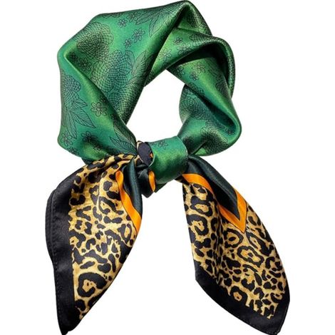 Foulard carré 68,5 x 68,5 cm (27'' x 27'') 100 % pure soie de mûrier, foulard polyvalent pour femme avec imprimé floral et léopard, idéal pour coiffer les cheveux. (1/5)