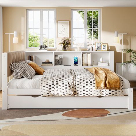 Letto daybed moderno 140x200 cm in pino bianco con letto estraibile 90x190, LED dimmerabile, USB e scaffale laterale (1/5)