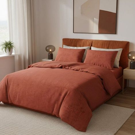Set di biancheria da letto King Size - 1 copripiumino 240 x 220 cm + 2 federe 60 x 60 cm - 100% cotone rinforzato - Rosso mattone (1/4)
