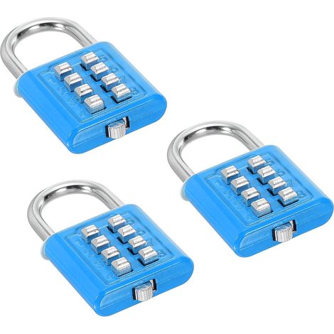Cadenas à Combinaison à 8 Chiffres, Lot de 3 Cadenas Mécanisme de Verrouillage à 4 Positions Bouton Poussoir Serrure Numérique de Sécurité pour Casier de Sport de Gymnase, Bleu (1/5)