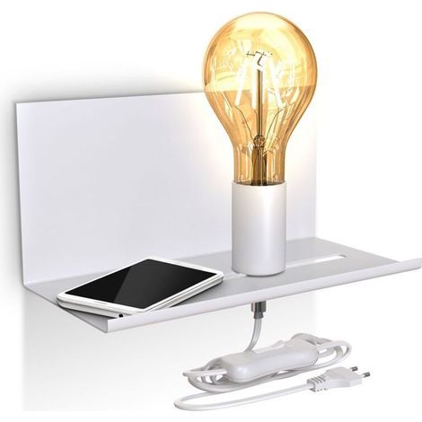 Applique murale réglable rétro avec étagère intégrée, lampe de chevet murale à interrupteur tactile, finition blanche mate, culot E27, pour usage intérieur (salon, chambre, couloir) (1/4)