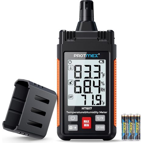 HT607 Mini-Digital-Hygrometer-Thermometer mit hoher Genauigkeit und Umgebungshygrometer, relativer Luftfeuchtigkeit, Taupunkt, Feuchtkugelthermometer, Min/Max-Haltung, LCD-Hintergrundbeleuchtung