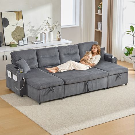 Sofá 4 plazas con 2 chaise longues, compartimento de almacenaje, portavasos y USB Type-C, pana gris (1/5)