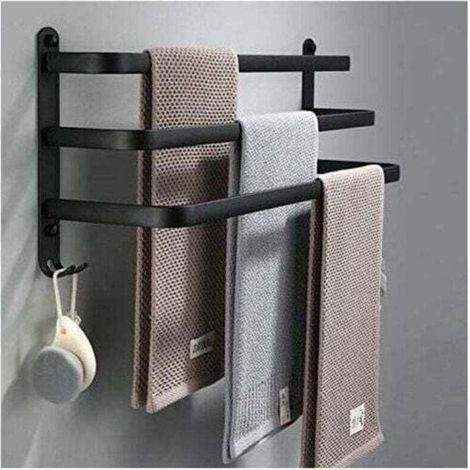 Porte Serviettes Mural Adhésif Noir pour Salle de Bains, Douche et Cuisine - Barre Porte-Serviettes 60cm Résistante à l'eau avec Crochet (1/4)