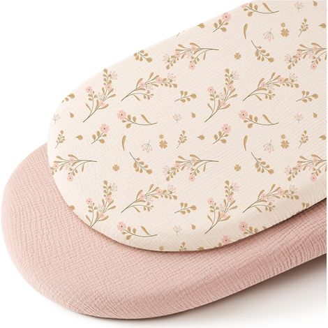 Confezione da 2 lenzuola morbide e traspiranti per materassini di culle ovali a clessidra e cestini per neonati (floreale, rosa) (1/5)