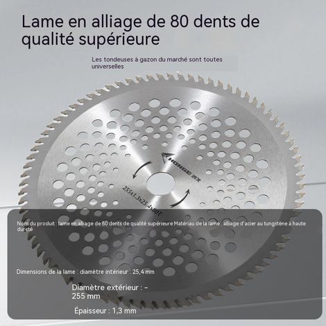 Lame de débroussailleuse premium en carbure 80 dents avec trous, diamètre 255mm alésage 25.4mm épaisseur 1.3mm, disque de coupe-herbe alliage haute qualité, coupe ultra-fine universelle