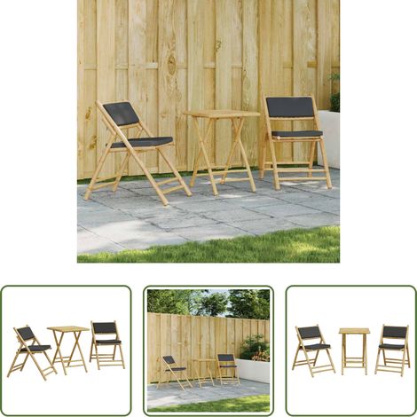 vidaXL Table de jardin - Ensemble de bistro pliante 3 pcs et coussins gris foncé bambou (1/5)