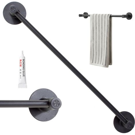 Porte-manteau mural multifonction adhésif – Porte-serviettes et pantoufles – Aluminium noir mat – Fixation sans perçage – Salle de bain et cuisine (1/5)
