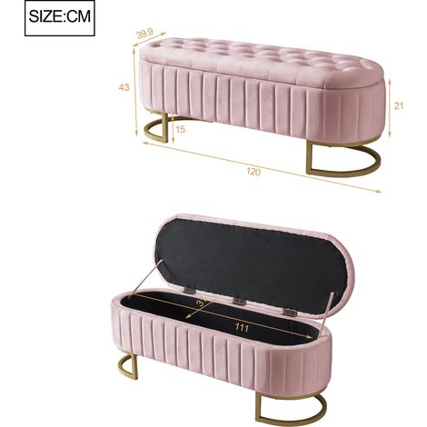 Banc-coffre de rangement et repose-pieds 120 x 40 cm, pouf rembourré avec espace de stockage, banquette en velours rose pour salon (1/5)