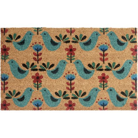 Felpudo de fibra de coco antideslizante 45 x 75 cm con dorso de PVC motivo pájaros multicolor Tanana