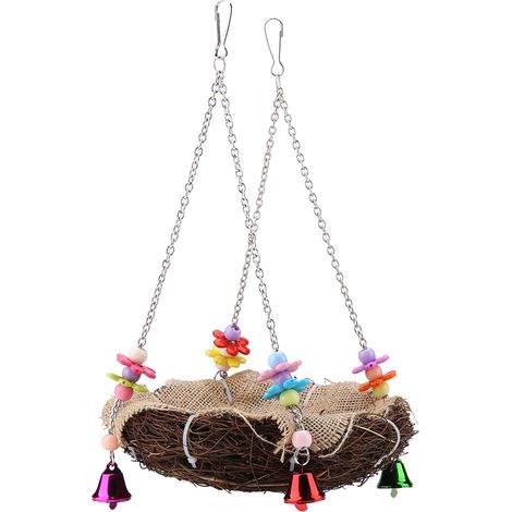 Rattan-Nest, hängendes Vogelnest-Spielzeug mit Glöckchen, Vogelschaukel, Stehsitz, Spielzeugkäfig-Hängematte (L)