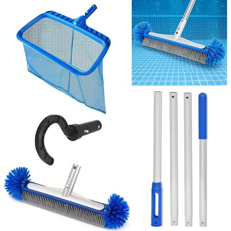 Brosse de piscine avec manche, 160 cm de long, 44 cm, avec tige en aluminium super résistante réglable en longueur, 160 cm, épuisette, crochet de piscine, kit d'accessoires pour le nettoyage de la (1/5)