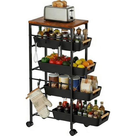 Slim Storage Trolley with Wheels, Metal Rolling Cart with Pull-Out Baskets & Wooden Top, Narrow Slide-Out Utility (1/5)