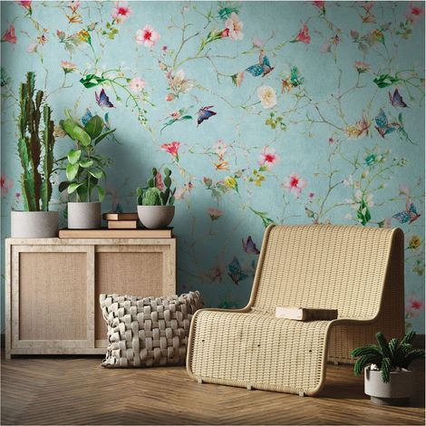 Photo wallpaper Profhome 382681 hot embossed non-woven wallpaper smooth with floral pattern matt turquoise green pink blue 1.59 m x 2.8 m