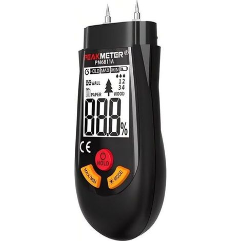 Testeur d'humidité, humidimètre à broche (6 modes), mesure rapidement la teneur en humidité des bûches, du papier, des murs en plâtre, des sols et des matériaux de construction