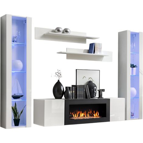 Conjunto de muebles colgantes con chimenea decorativa colección FLY M2. Color blanco.
