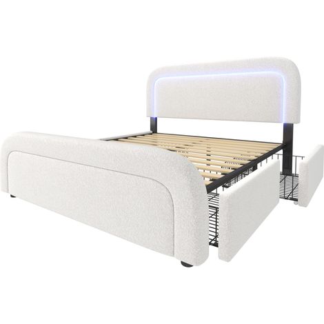 Cama doble 160x200 cm con USB Tipo-C, LED, 4 cajones y cabecero ajustable, blanca (1/5)