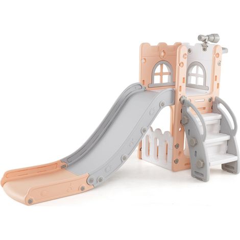 Tobogán infantil 6 en 1 en forma de L dimensiones 69 x 145 x 85 cm máxima seguridad espacio de almacenamiento HDPE rosa y blanco 200014348
