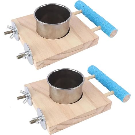 Ensemble de 2 accessoires pour cage à oiseaux : bol en acier inoxydable et perchoir en bois, gamelle pour nourriture et eau pour perruches ondulées, calopsittes et perroquets. (1/5)