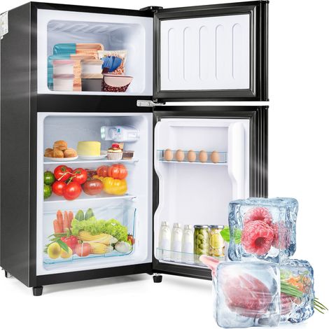Kühl-Gefrierkombination Schwarz 60 Liter, Minikühlschrank mit Gefrierfach, Doppeltür Kühlschrank Freistehend, Leise 45dB, Energieklasse E, 86.8cm