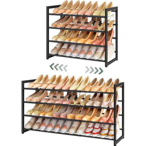 Étagère à Chaussures Extensible à 4 Niveaux, Rangement Ajustable pour Chaussures, en Métal, réglable, Peu encombrante, Robuste, pour Entrée, Placard, Assemblage Facile, Noir (1/5)