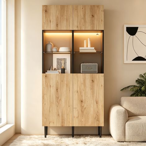 Vitrine haute 80x35x180 cm LED bois naturel noir (1/5)