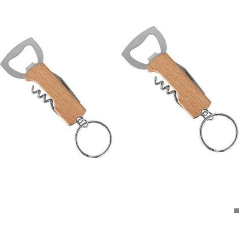 Décapsuleur Tire-bouchon Porte-clés - Acier Inoxydable Poignée Bois - Pour Bar Fête Camping - 1 Pièce (1/4)