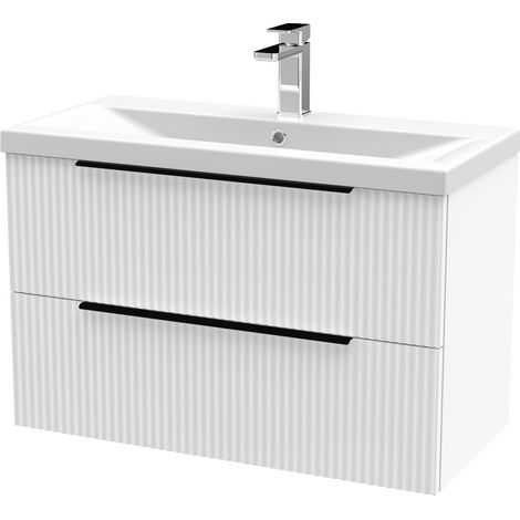 Fluted Front Wall Hung 2-Drawer Bathroom Vanity Unit with 1 Tap Hole Basin, 800mm, Satin White, Black Handles (1/4)
