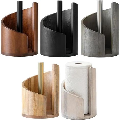 Porte-serviettes en papier sur pied avec base ronde en bois et support en métal pour un nettoyage rapide de style rustique – Peut contenir de grands rouleaux de 29,2 x 21 cm (C en noir) (1/5)