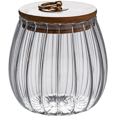 Boîte à café/noix en verre hermétique, en forme de pétale, avec couvercle en bambou et poignée en métal pour une prise en main facile (600 ml). (1/5)