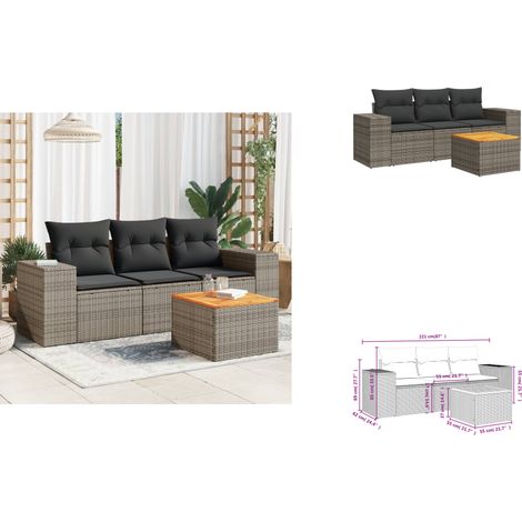 The Living Store Salon de jardin 4 pcs avec coussins gris résine tressée - Meubles de jardin (1/3)