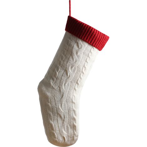 Grand sac cadeau de 18 pouces, chaussette de Noël tricotée en torsades, fond blanc et bord rouge - Ivory/Red - Tricot torsadé - Grande chaussette de 18 pouces (1/3)